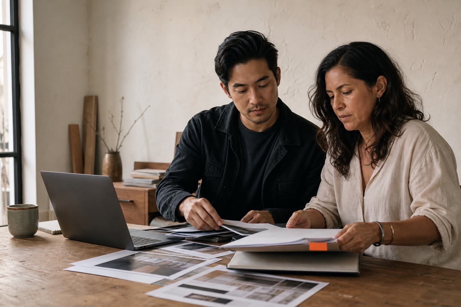 Two operators reviewing a client's findings together before anything is approved to ship.